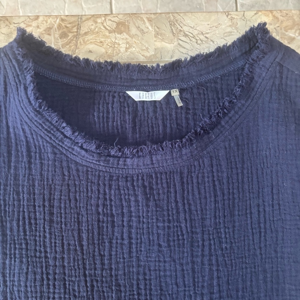 Kaktus Navy Crinkle 100% Cotton Gauze Boxy Top 1X Raw Fringe Edge - Picture 4 of 9